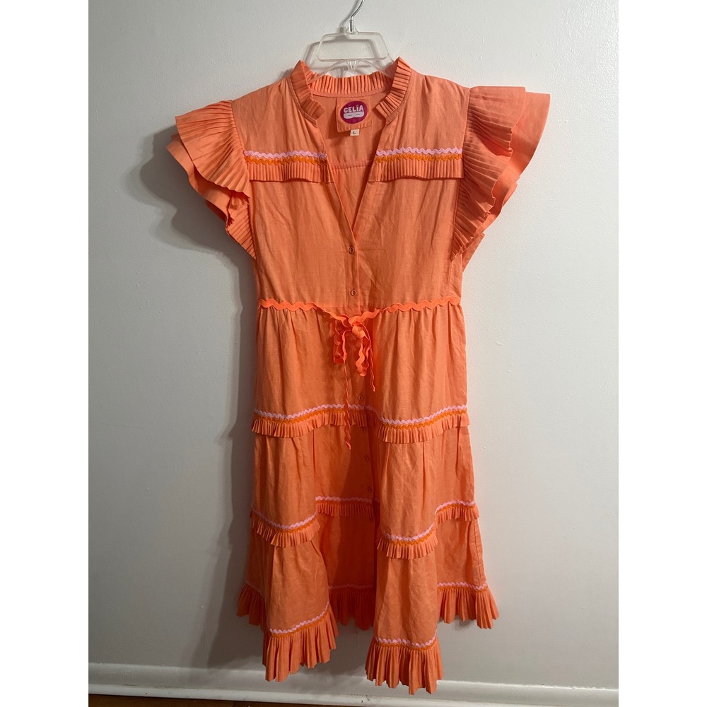 Celia B Orange Rickrack Trim Tiered Midi Dress Pleated Flutter Sleeve Large